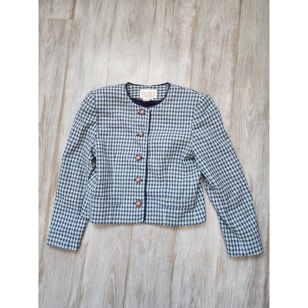 VTG Petite Sophisticate Blue Houndstooth Tweed Blazer Button Up Sz 4P EUC